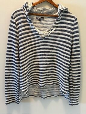Freshman Navy and White Striped Lace-Up Hooded Pullover Marked XL But Medium PTP